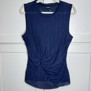 DKNY navy blue pleated side cinched knot sleeveless top. Large